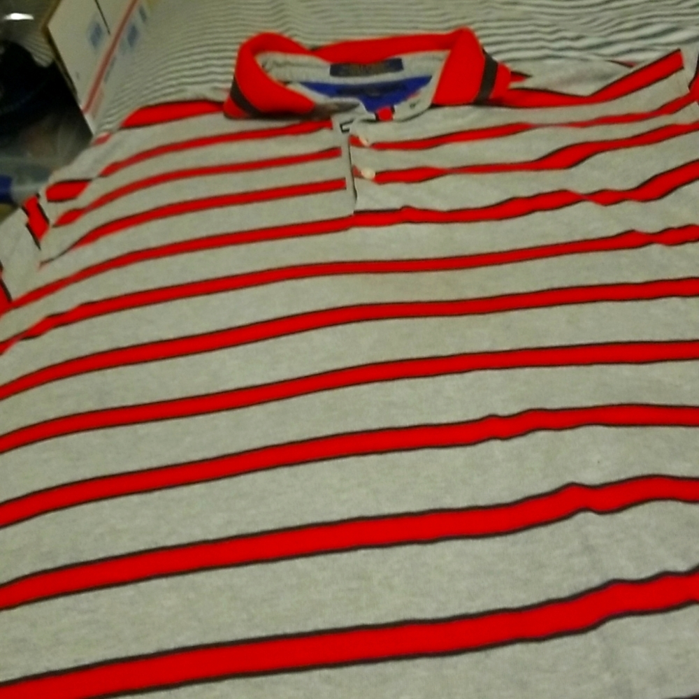 VINTAGE TOMMY HILFIGER GOLF POLO SHIRT, GRAY WITH RED STRIPES EXC.COND